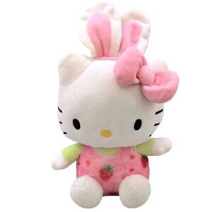 Hello Kitty Easter Bunny Plush 12" Sanrio 2023‎ Strawberry Overalls Rabbit Pink